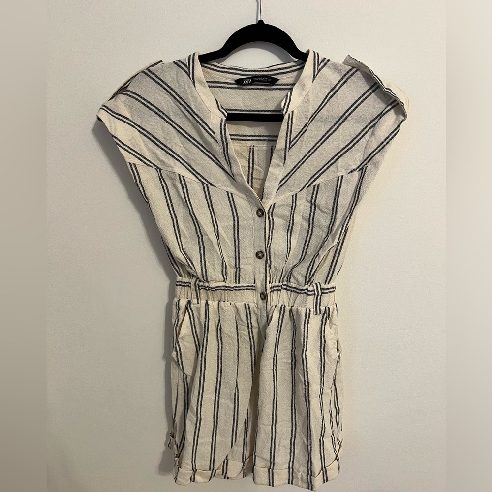 Zara white stripped button down romper size small